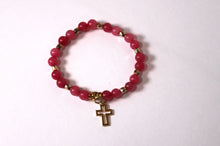 Load image into Gallery viewer, gold cross GENUINE Natural Stones/Healing Crystals, hand-crafted bracelets (Pink Agate/various style options). Adorned with silver or gold charms. BGPB19-5