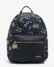 Load image into Gallery viewer, Harry Potter Mini Backpack with Hogwarts Icons and Black Floral - front