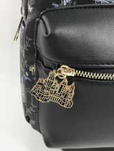 Load image into Gallery viewer, Harry Potter Mini Backpack with Hogwarts Icons and Black Floral - gold charm