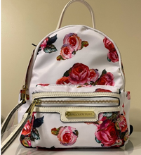 Load image into Gallery viewer, Juicy Couture Mini Backpack - white with floral pink roses & gold accents -front