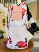 Load image into Gallery viewer, Juicy Couture Mini Backpack - white with floral pink roses & gold accents-side