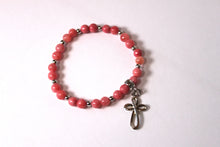 Load image into Gallery viewer, silver cross GENUINE Natural Stones/Healing Crystals, hand-crafted bracelets (Pink Agate/various style options). Adorned with silver or gold charms. BGPB19-2
