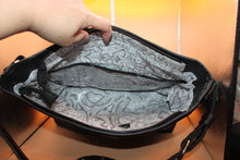 Load image into Gallery viewer, Large Black Shoulder Bag with silver accents and hand-crafted bag charm HB066