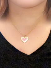 Load image into Gallery viewer, Necklace - 14K GP in Herringbone Pattern and gold, pink and rhinestone heart charm -  18" JL004