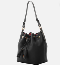 Load image into Gallery viewer, Dooney &amp; Bourke Aimee Drawstring Bag in Black and Red Lining - NEW
