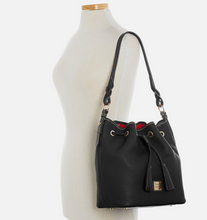 Load image into Gallery viewer, Dooney &amp; Bourke Aimee Drawstring Bag in Black and Red Lining - NEW
