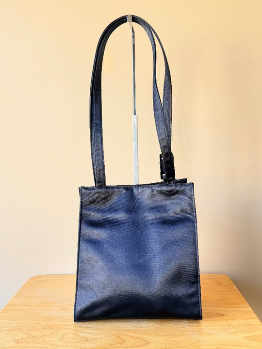 Black Tote Bag - Shiny Satin Material and Sturdy Bottom - Includes Jewel Bag Charm