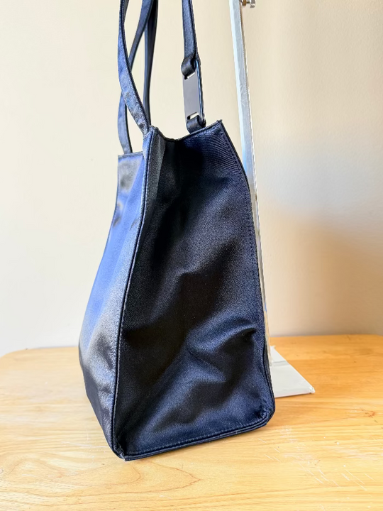 Black Tote Bag - Shiny Satin Material and Sturdy Bottom - Includes Jewel Bag Charm