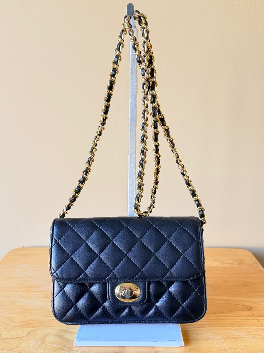 Quilted Black Party Bag in Soft PU Leather - Shoulder/Crossbody Gold Chain