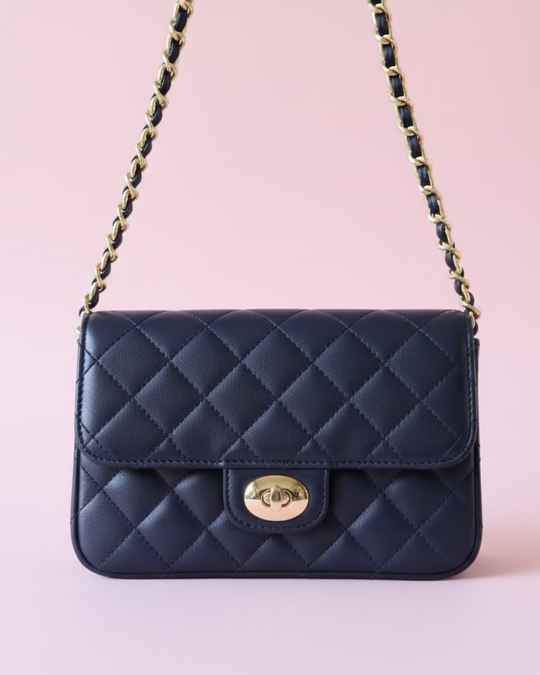 Quilted Black Party Bag in Soft PU Leather - Shoulder/Crossbody Gold Chain