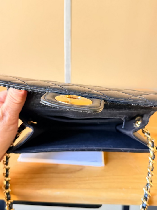 Quilted Black Party Bag in Soft PU Leather - Shoulder/Crossbody Gold Chain