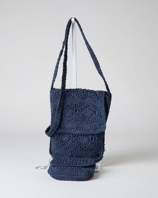 Vintage Knit Bag - Black crochet bag with matching key chain wallet