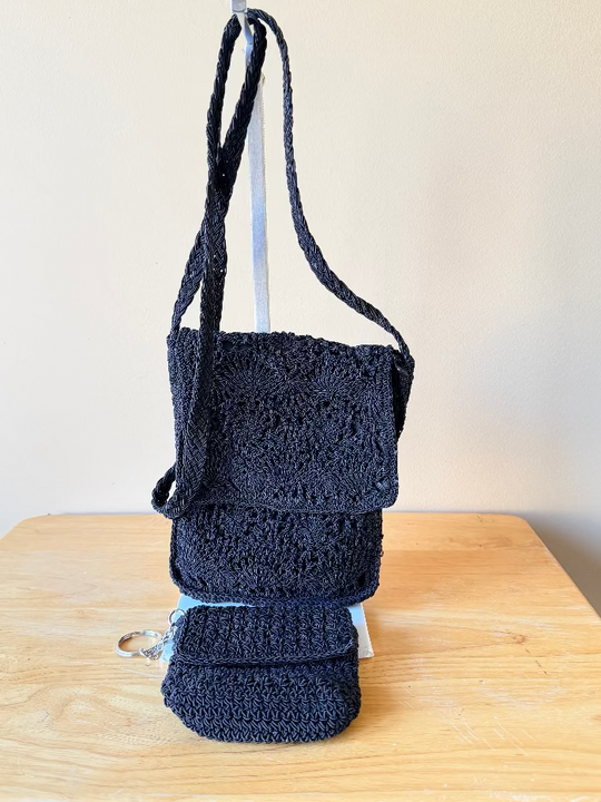 Vintage Knit Bag - Black crochet bag with matching key chain wallet