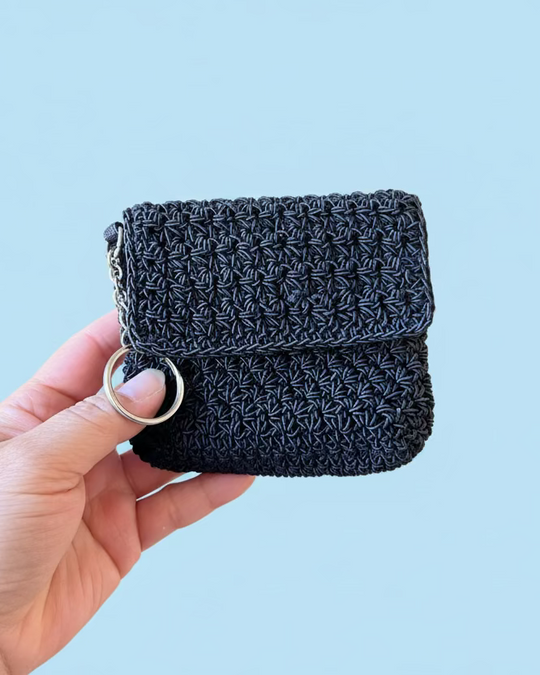 Vintage Knit Bag - Black crochet bag with matching key chain wallet