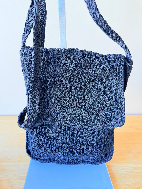 Vintage Knit Bag - Black crochet bag with matching key chain wallet