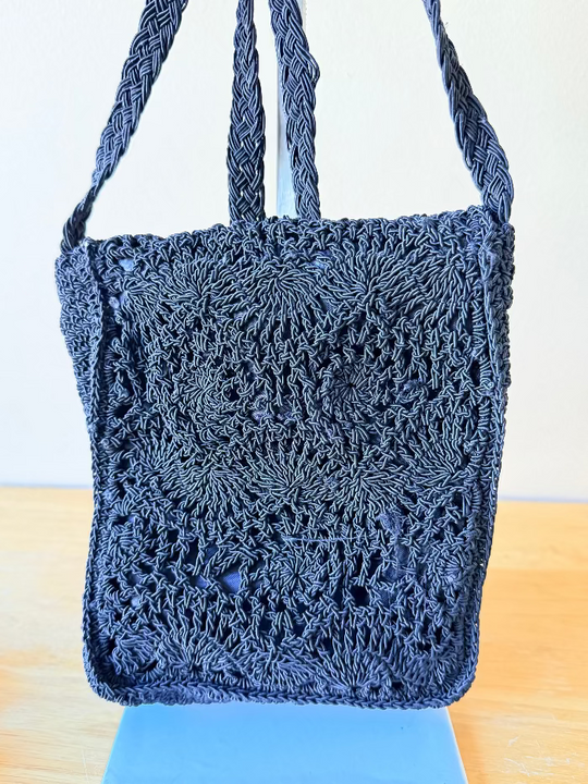 Vintage Knit Bag - Black crochet bag with matching key chain wallet