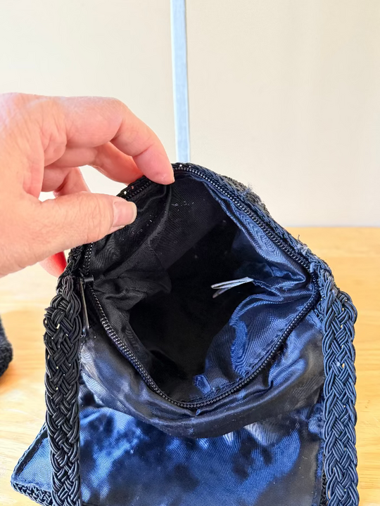 Vintage Knit Bag - Black crochet bag with matching key chain wallet