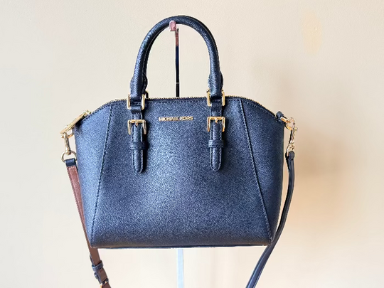 Michael Kors - Saffiano Leather Crossbody Dome Bag - Black with Gold Tones