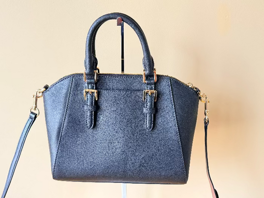 Michael Kors - Saffiano Leather Crossbody Dome Bag - Black with Gold Tones