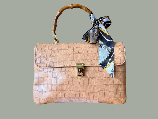 Hand Bag/Crossbody Bag - Crocodile Pattern with Bamboo Handle - Elegant Beige