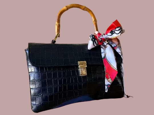 Hand Bag/Crossbody Bag - Crocodile Pattern with Bamboo Handle - Elegant Black