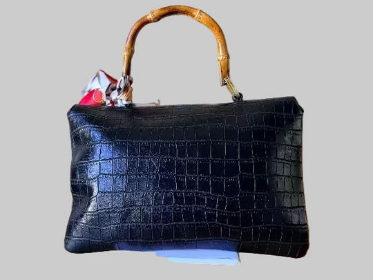 Hand Bag/Crossbody Bag - Crocodile Pattern with Bamboo Handle - Elegant Black