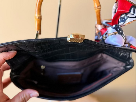 Hand Bag/Crossbody Bag - Crocodile Pattern with Bamboo Handle - Elegant Black