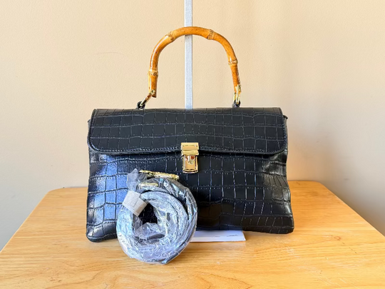 Hand Bag/Crossbody Bag - Crocodile Pattern with Bamboo Handle - Elegant Black