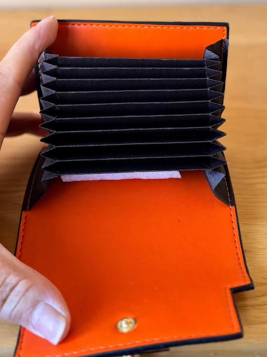 Wallet accordian style design to hold many credit cards - light brown with gold hardware