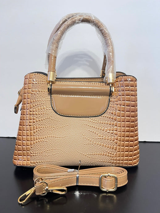 Light Brown Crocodile Pattern Crossbody - frontg - Patent Leather & 3 compartments