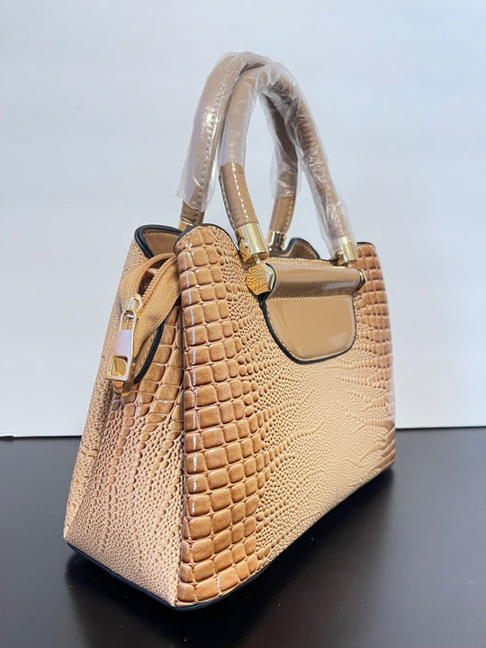 Light Brown Crocodile Pattern Crossbody Bag - Patent Leather & 3 compartments - side
