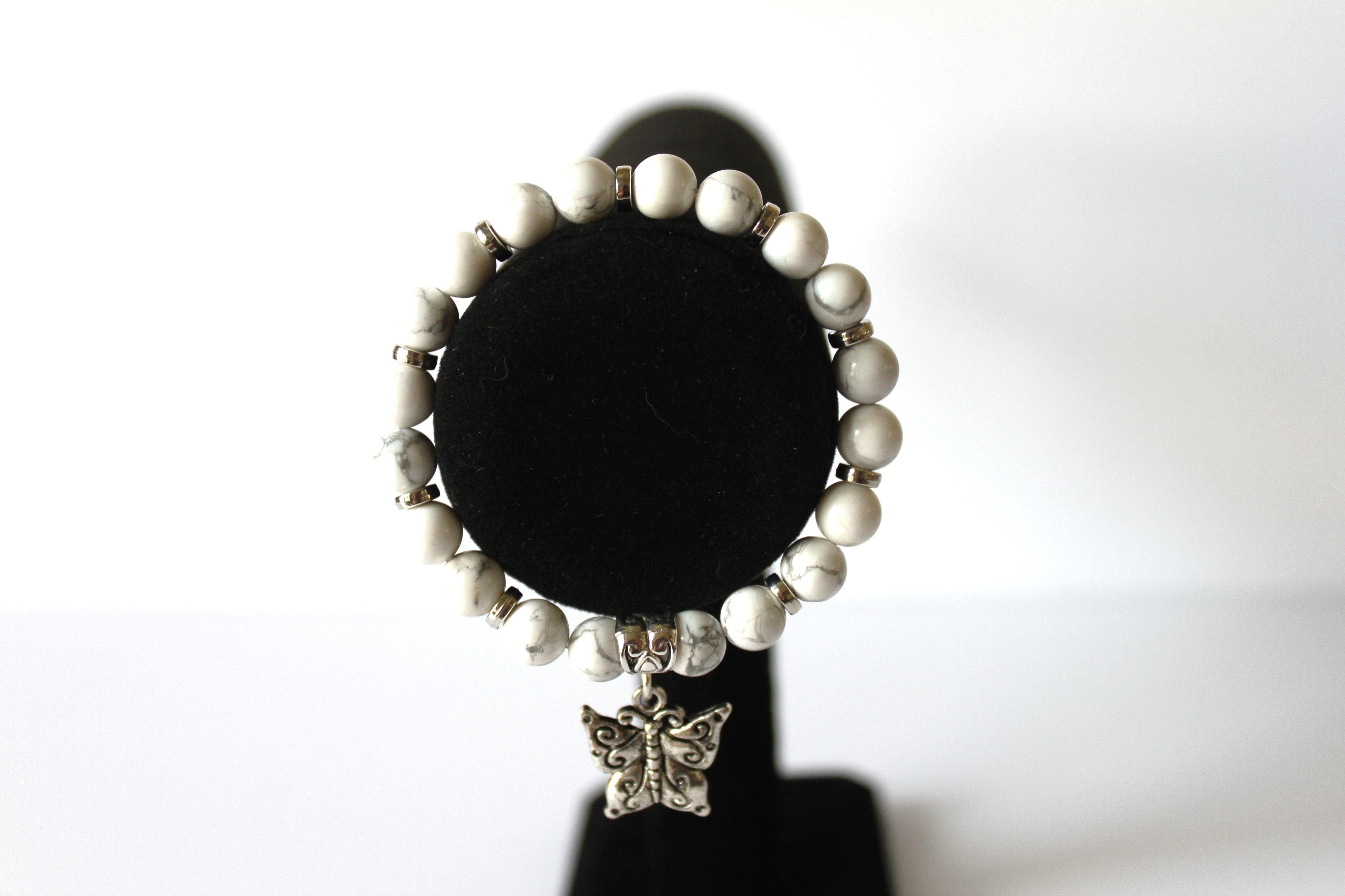 Butterfly 7" GENUINE Natural Stones/Healing Crystals, hand-crafted bracelets (White Howlite). All bracelets are adorned with silver or gold charms. BGWB13-3