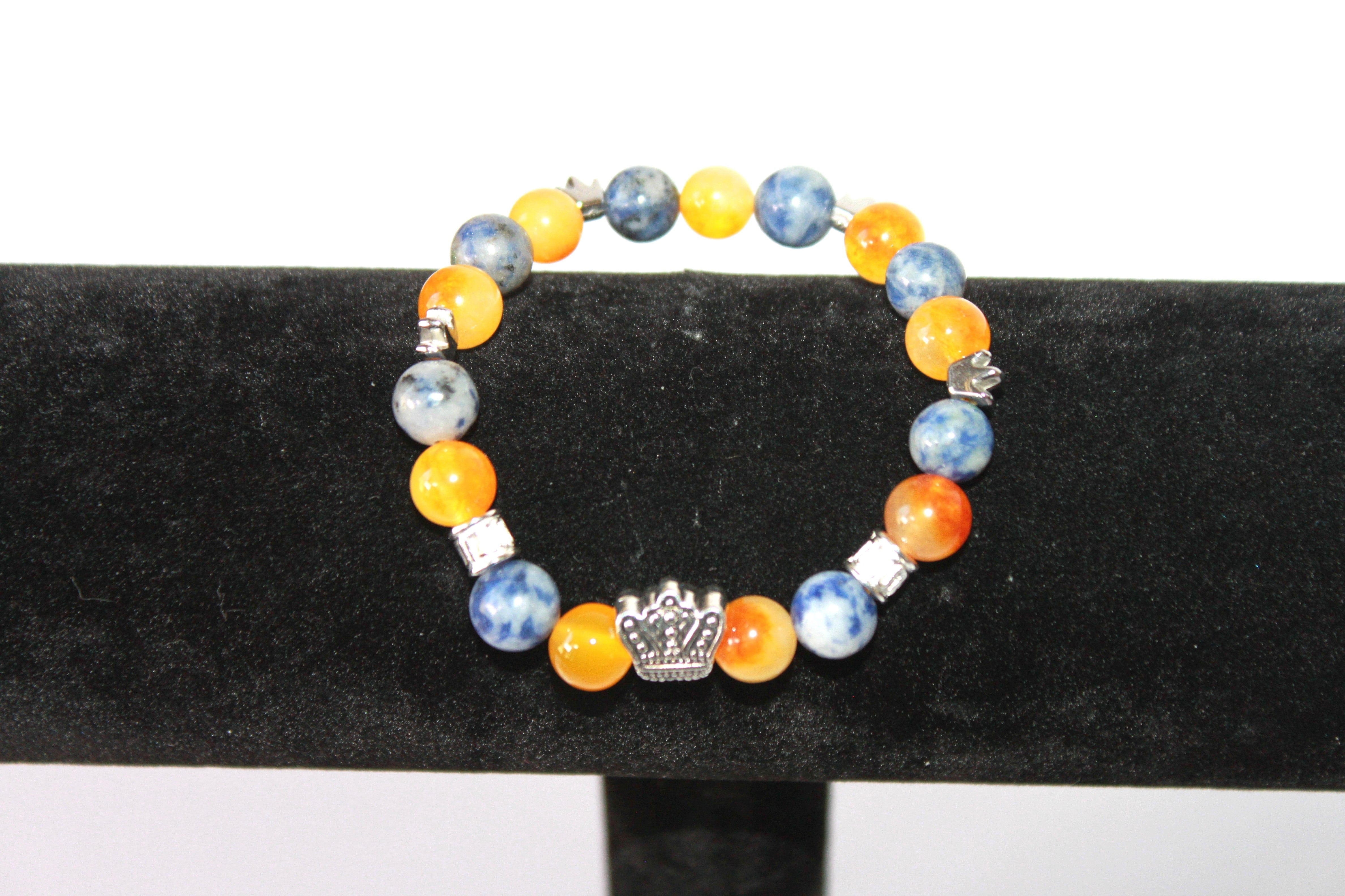 Citrin/Blue Sodalite w/crown - 7" GENUINE Natural Stones/Healing Crystals, hand-crafted bracelets (Citrine, Pink Agate, Blue Sodalite, Black Obsidian, Amethyst). BGYB6-2