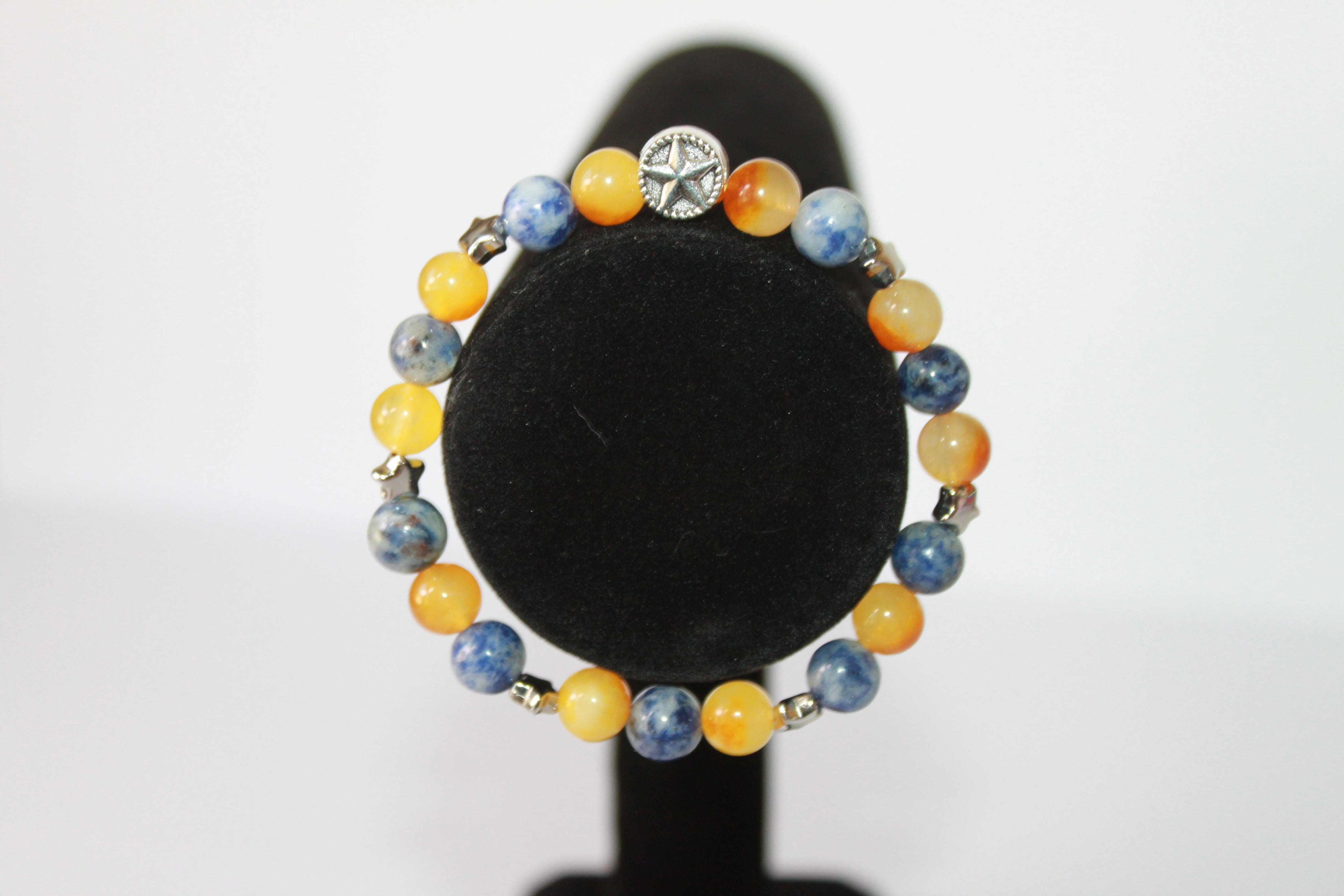 Citrin/Blue Sodalite w/star charm - 7" GENUINE Natural Stones/Healing Crystals, hand-crafted bracelets (Citrine, Pink Agate, Blue Sodalite, Black Obsidian, Amethyst). BGYB6-3