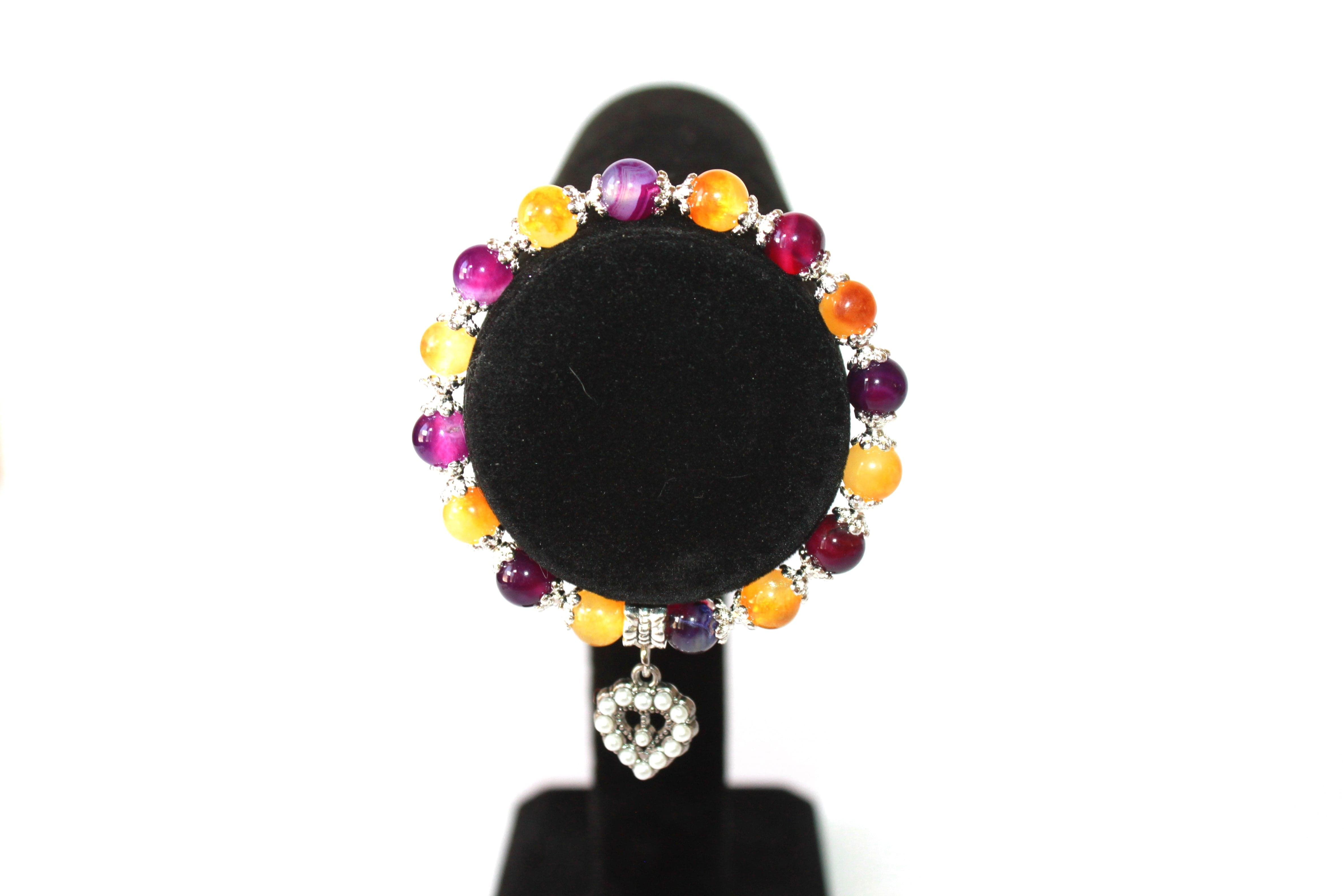 Citrin/Pink Agate w/heart charm - 7" GENUINE Natural Stones/Healing Crystals, hand-crafted bracelets (Citrine, Pink Agate, Blue Sodalite, Black Obsidian, Amethyst). BGYB6-4