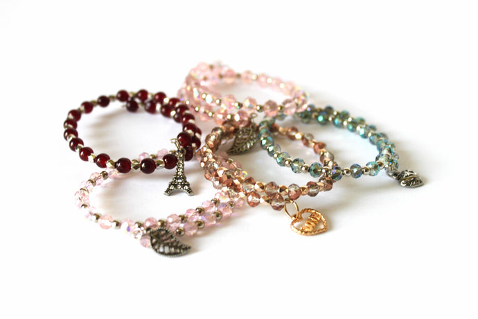 Czech Crystals/Glass hand-crafted bracelets (Multiple styles/color options available). Adorned with silver or gold charms