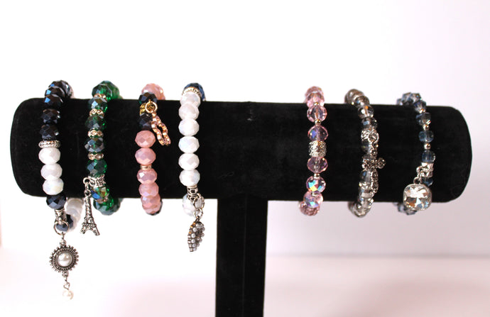 Czech Crystals/Glass hand-crafted bracelets (Multiple styles/color options available). Bracelets adorned with silver or gold charms.