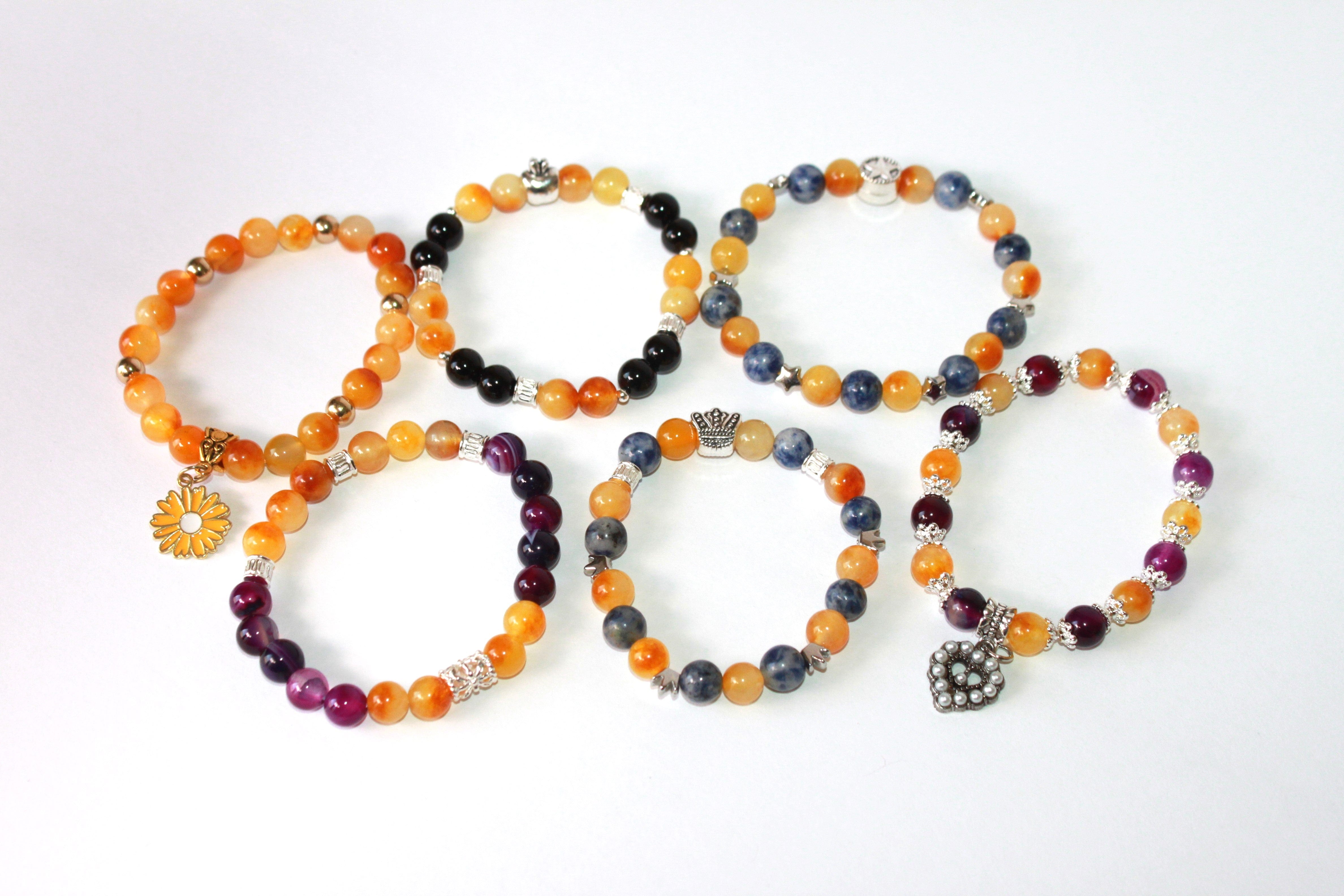 GENUINE Natural Stones/Healing Crystals, hand-crafted bracelets (Citrine, Pink Agate, Blue Sodalite, Black Obsidian, Amethyst).
