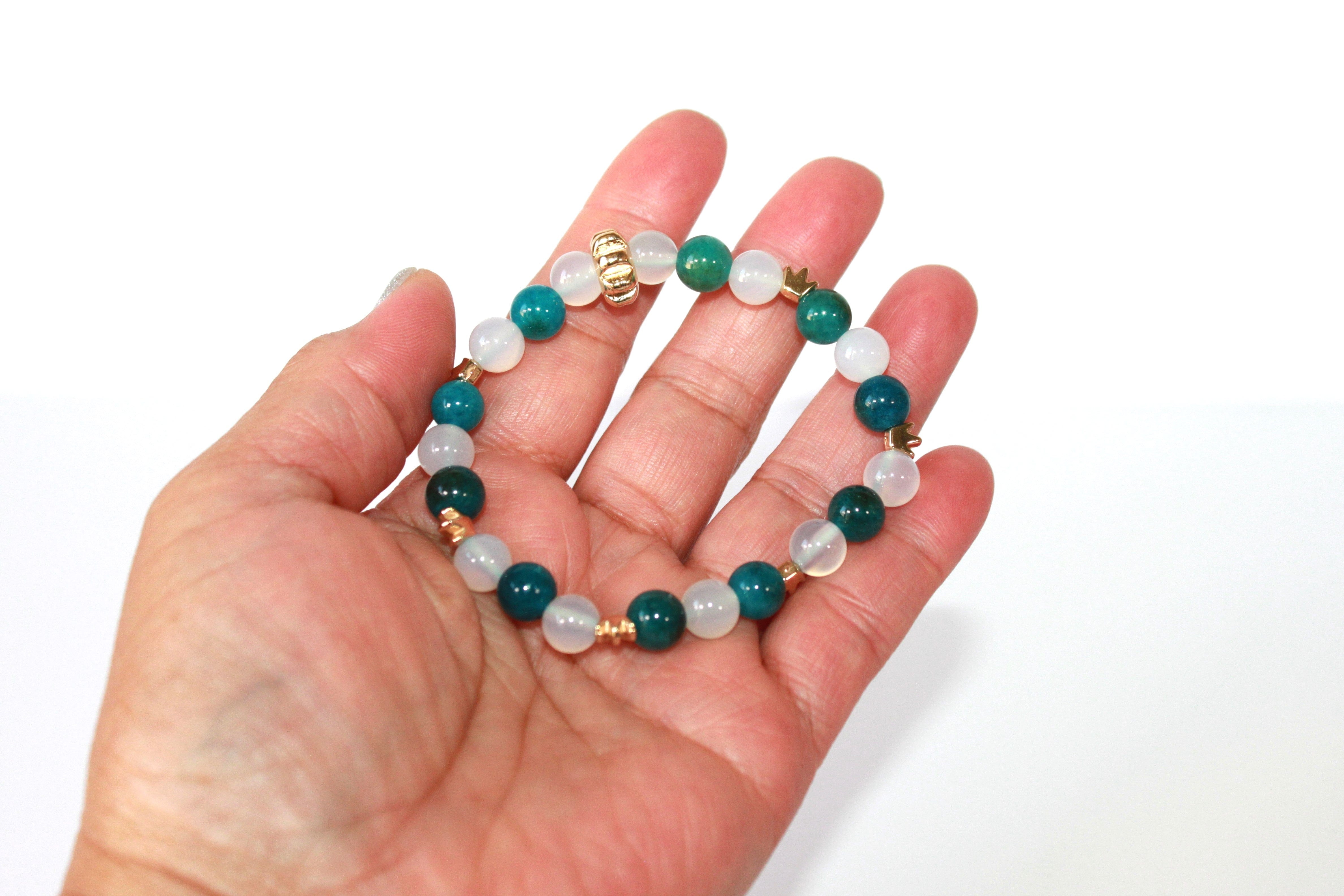 GENUINE Natural Stones/Healing Crystals, hand-crafted bracelets (Green and blue agate, white labradorite, green jade).