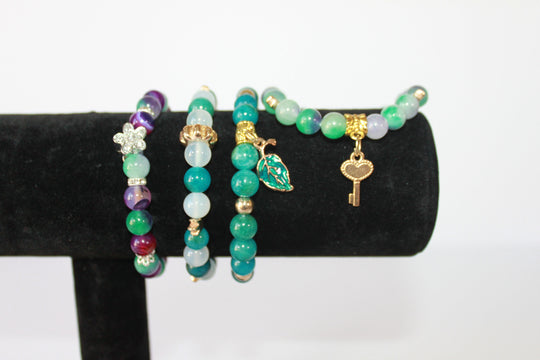 GENUINE Natural Stones/Healing Crystals, hand-crafted bracelets (Green and blue agate, white labradorite, green jade).