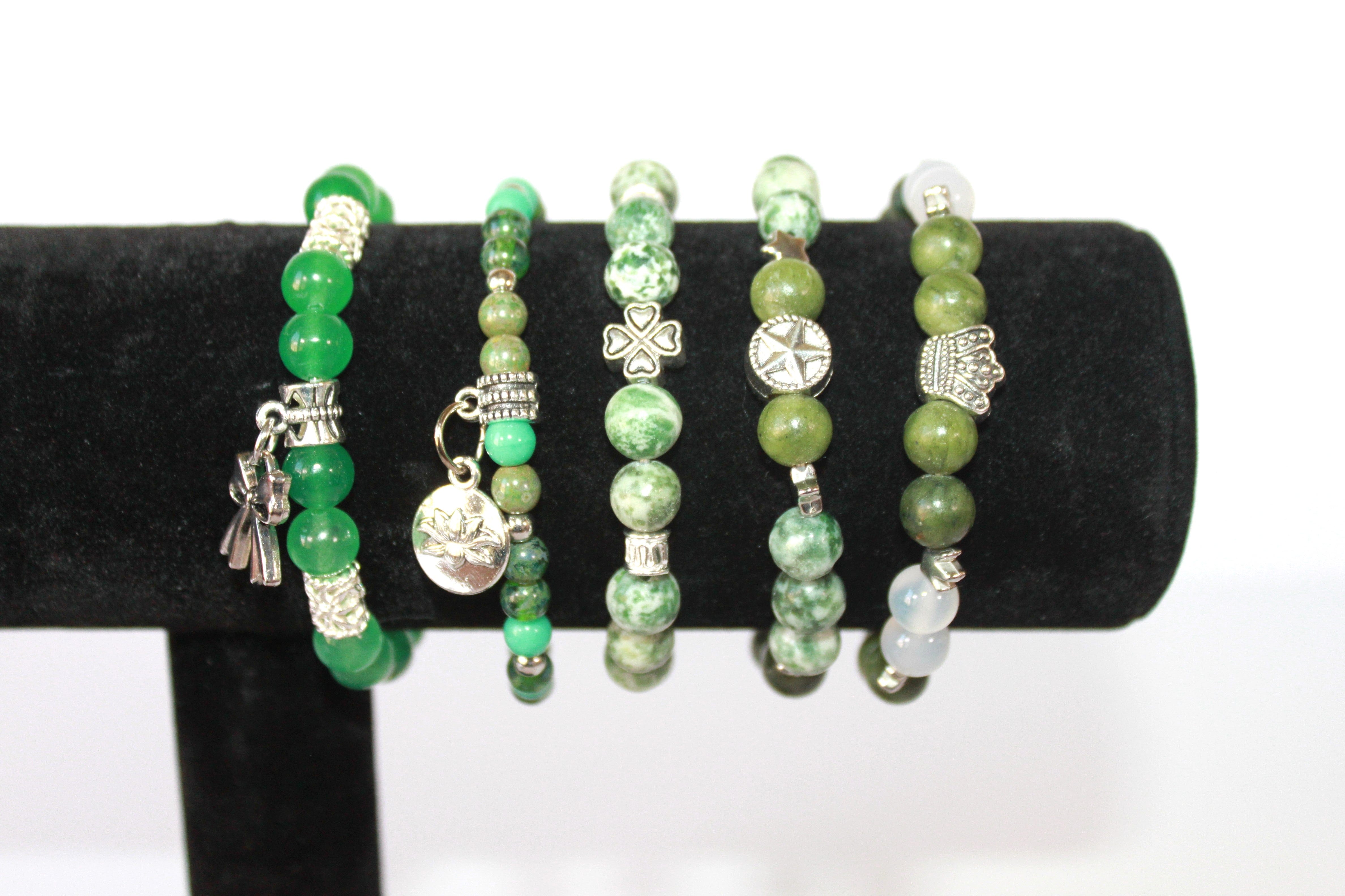 GENUINE Natural Stones/Healing Crystals, hand-crafted bracelets (Green Aventurine, Green Qing Hai Jade, White Quartz, Green Turquoise). BGGRB3