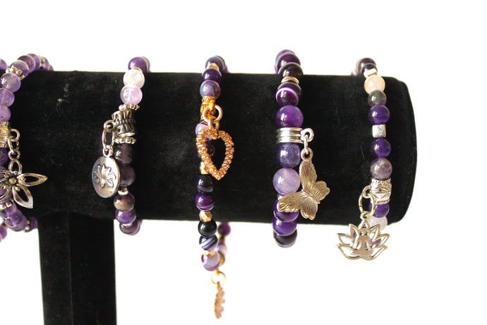 GENUINE Natural Stones/Healing Crystals, hand-crafted bracelets (Multiple/color options). Purple amethyst, agate, purple jasper.