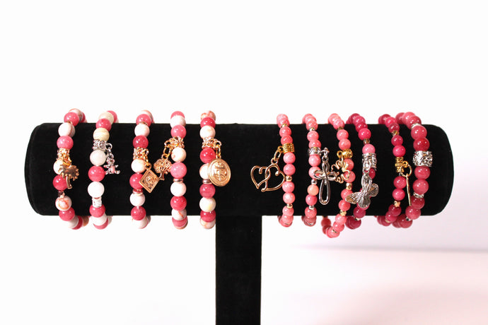 GENUINE Natural Stones/Healing Crystals, hand-crafted bracelets (Pink Agate/color options). Adorned with silver or gold charms.