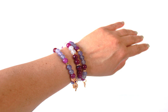 GENUINE Natural Stones/Healing Crystals, hand-crafted bracelets (purple amethyst, pink agate, white quartz).