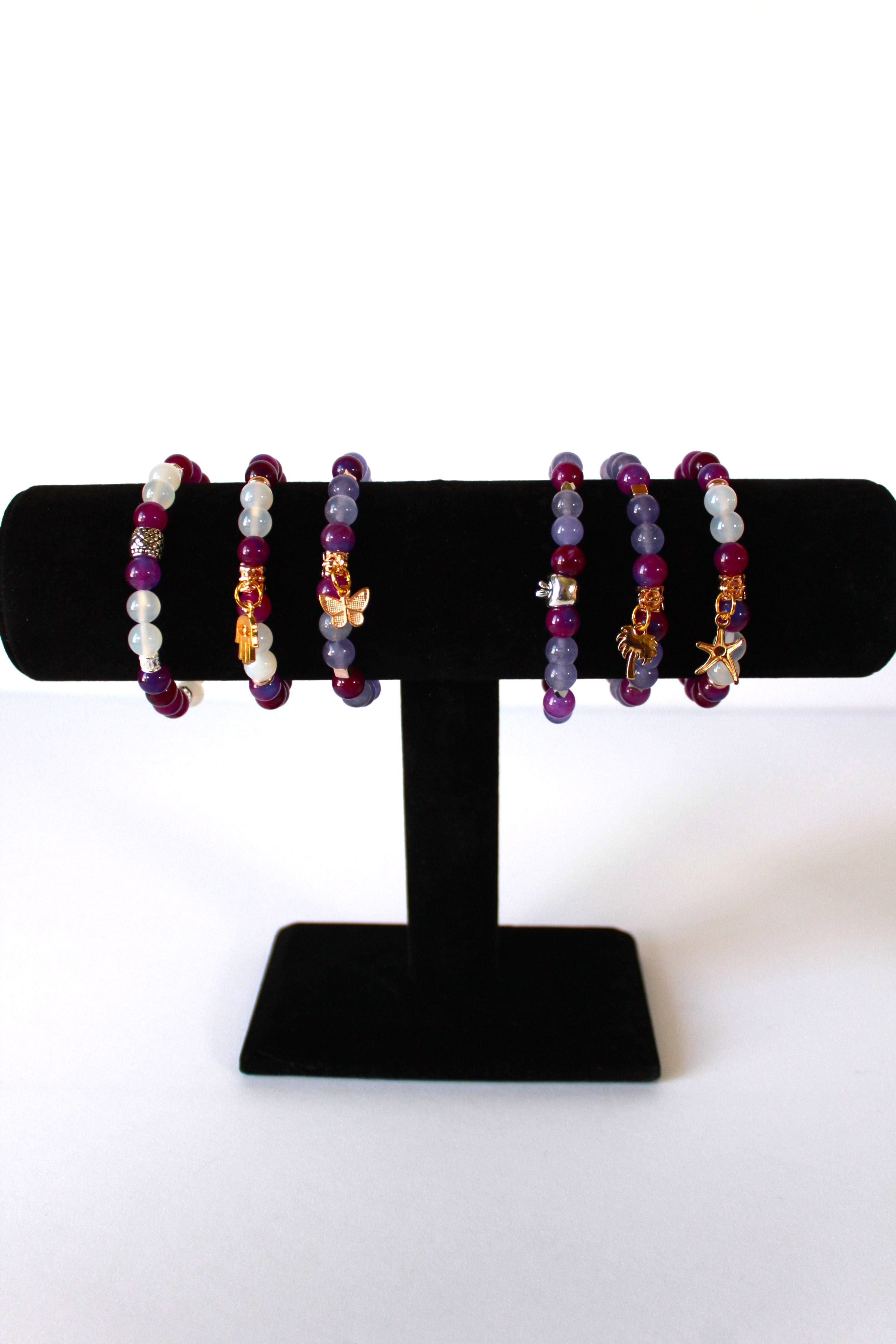 GENUINE Natural Stones/Healing Crystals, hand-crafted bracelets (purple amethyst, pink agate, white quartz).