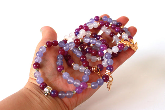 GENUINE Natural Stones/Healing Crystals, hand-crafted bracelets (purple amethyst, pink agate, white quartz).
