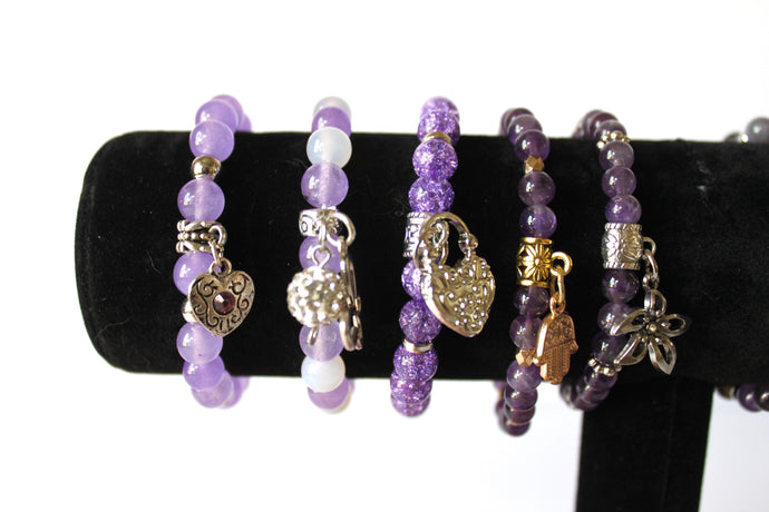GENUINE Natural Stones/Healing Crystals, hand-crafted bracelets (purple amethyst, purple crystal, purple agate, white quartz).