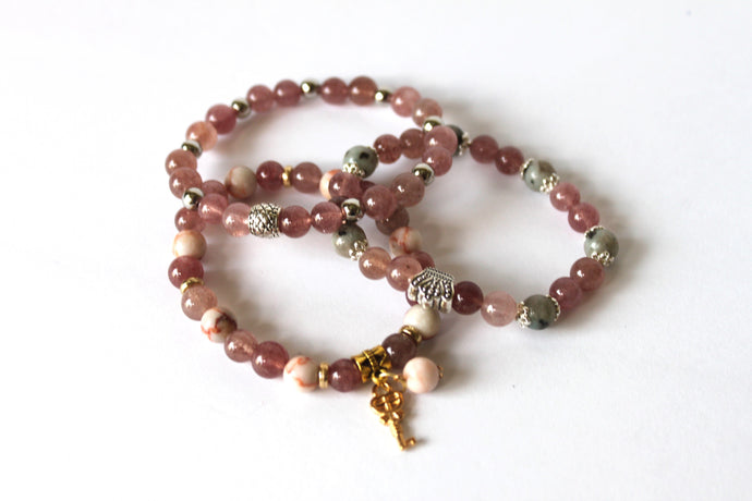 GENUINE Natural Stones/Healing Crystals, hand-crafted bracelets (Strawberry quartz, Sakura Jasper). With gold or silver charms.
