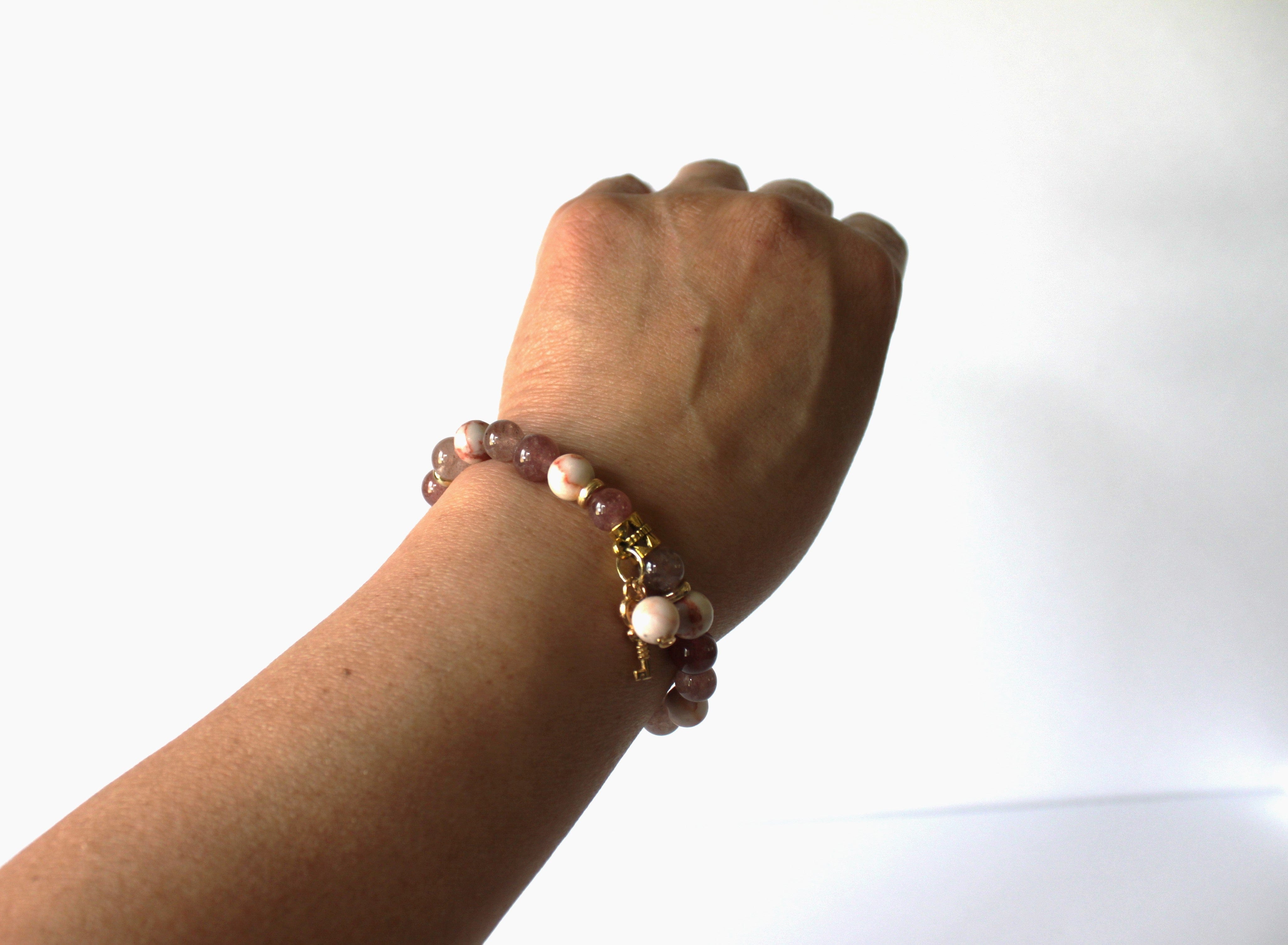 GENUINE Natural Stones/Healing Crystals, hand-crafted bracelets (Strawberry quartz, Sakura Jasper). With gold or silver charms.
