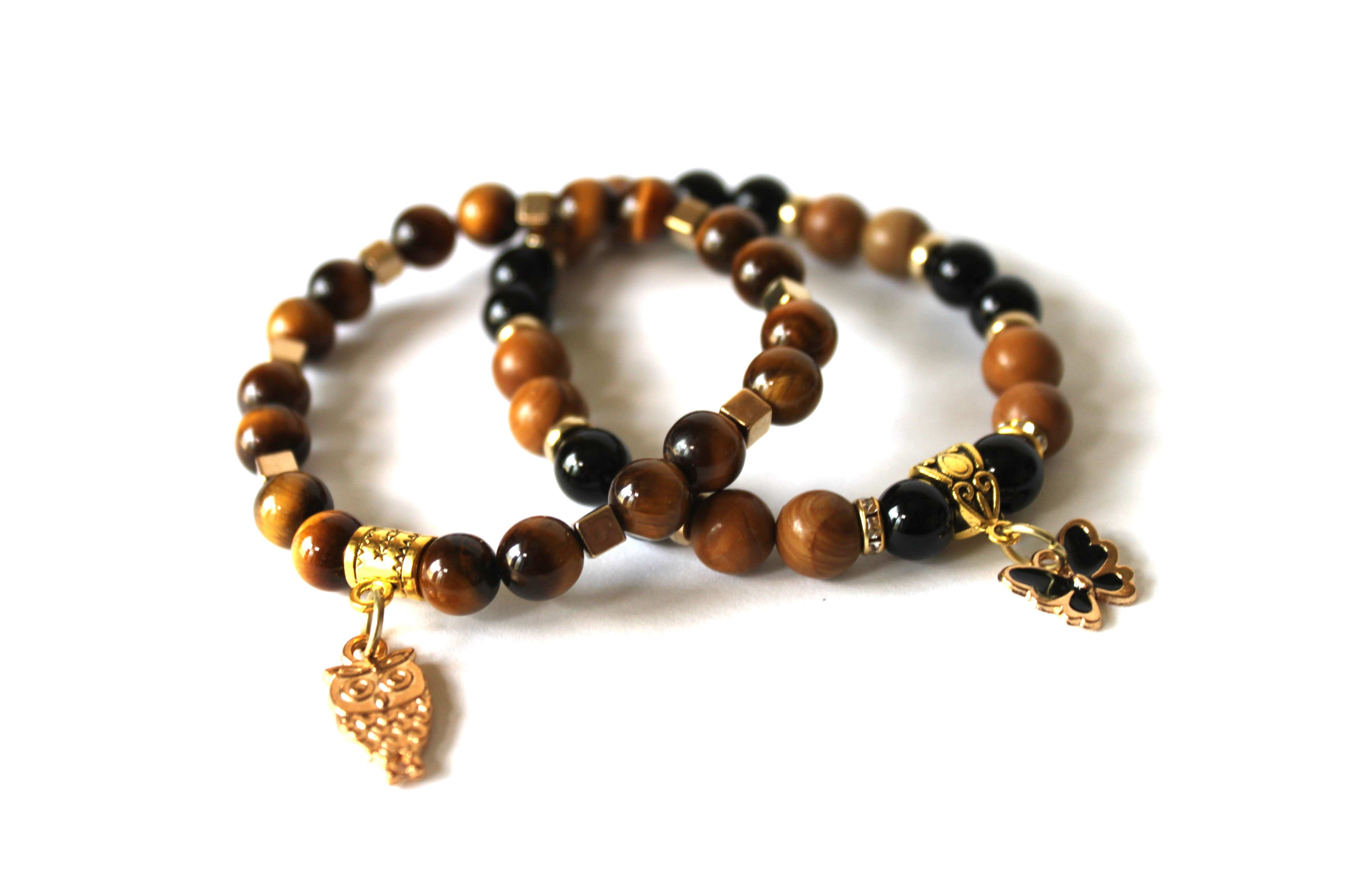 GENUINE Natural Stones/Healing Crystals, hand-crafted bracelets (Tiger Eye and Black Obsidian). Adorned with silver or gold charms